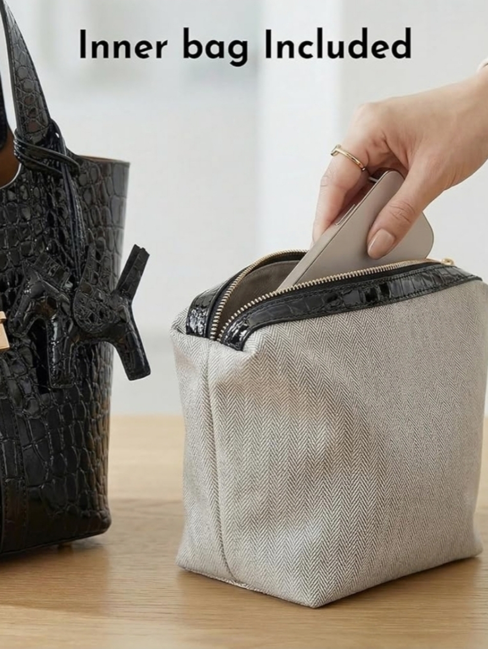 1 Left! Black Croc-Embossed Vegan Leather Bucket Top Handle Handbag - Picture 3 of 5